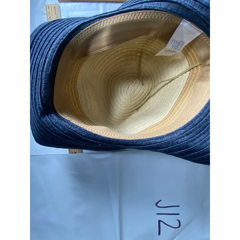 Time and Tru Navy Blue Straw Sun Hat Wide Brim‎ Foldable Beach Vacation